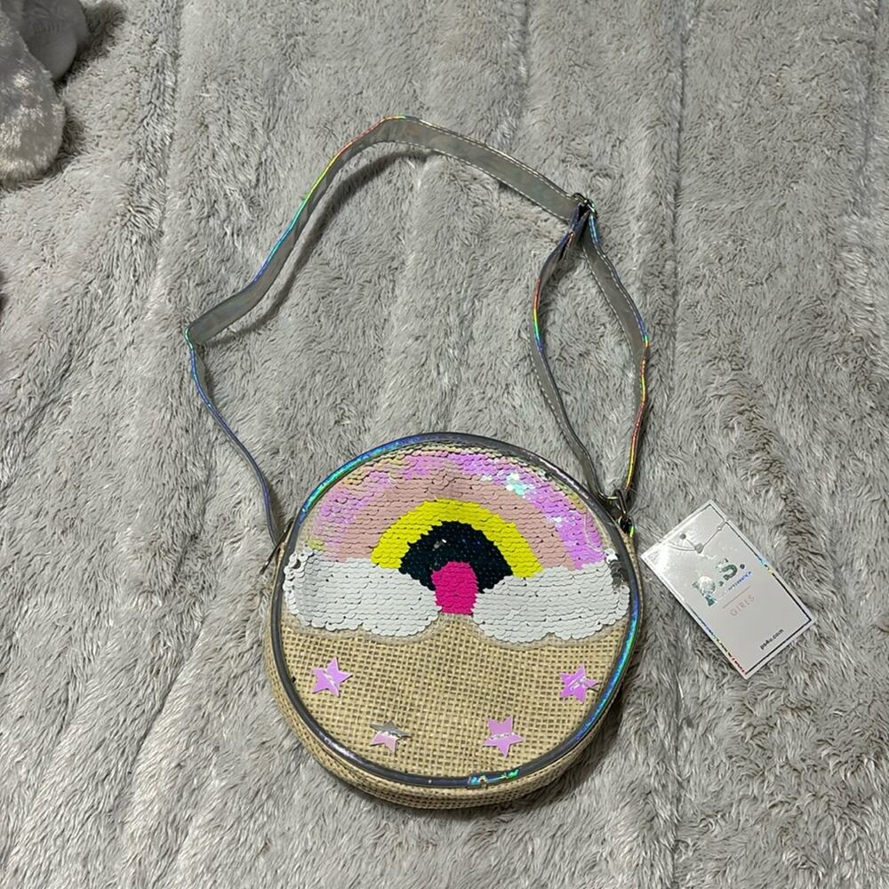 Aeropostale round purse rainbow clouds sequined adjustable strap cross body nwt